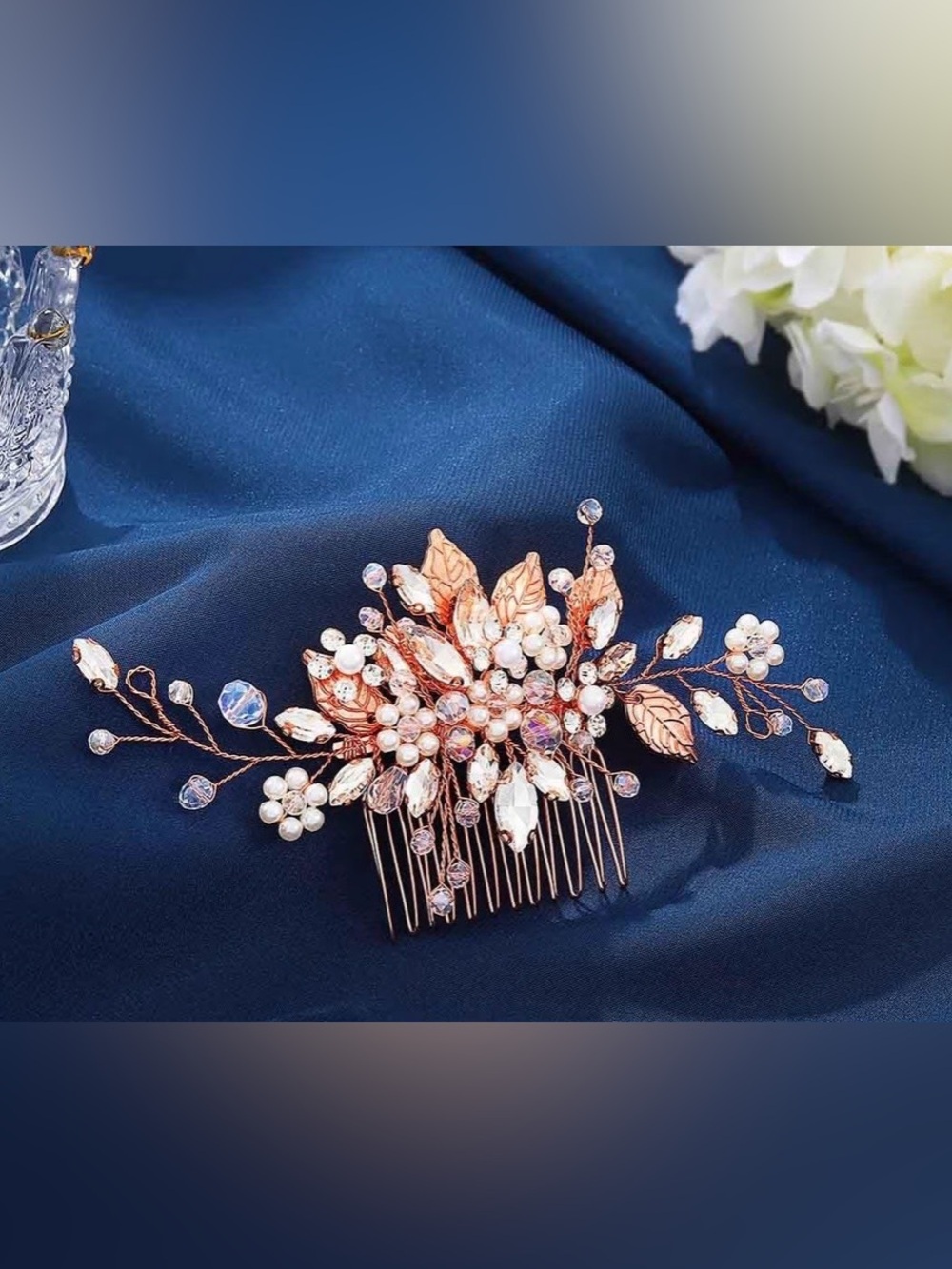 Rose Gold Floral Bridal Hair Comb with Pearls and Crystals - Picture 5 of 6